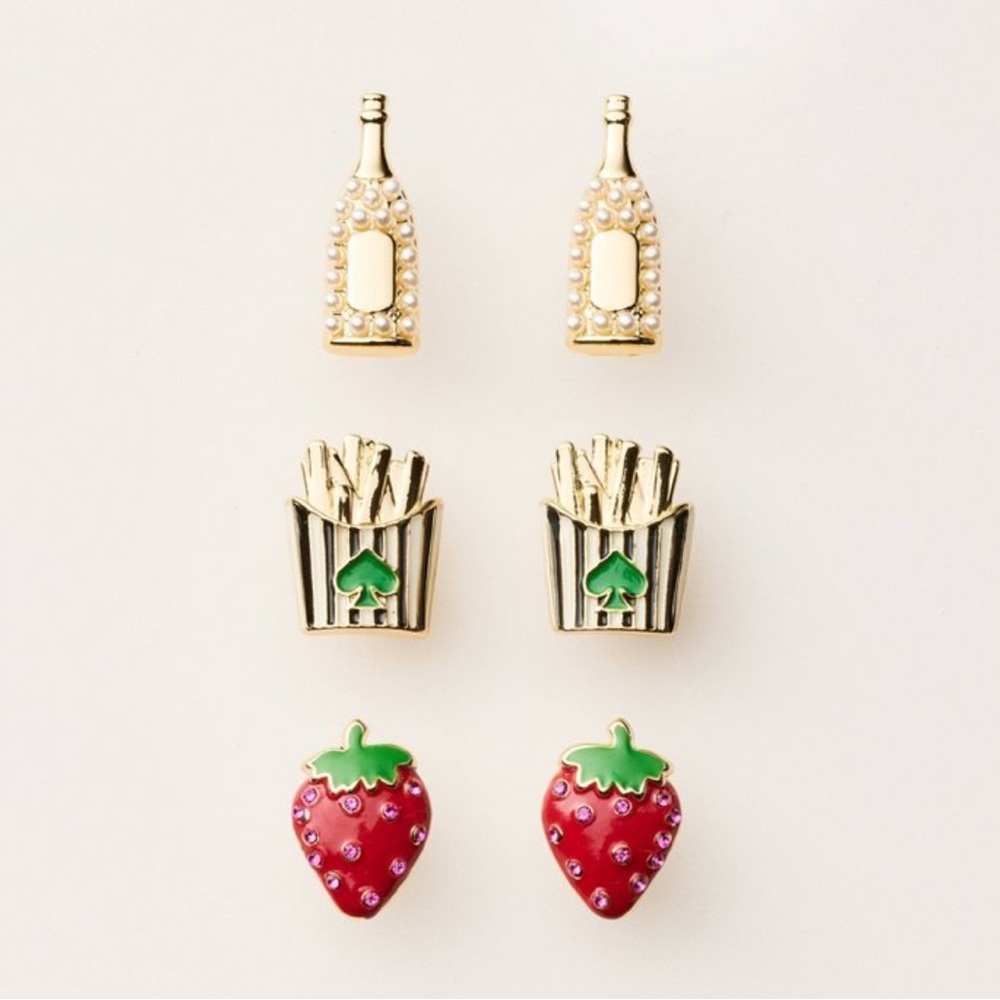 ✨️ NIB Kate Spade Stud Earring Trio: 🍓 Strawberries, 🍟 Fries & 🍾 Champagne! - Picture 2 of 6